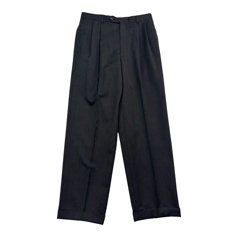 vtg 90s Albert Nipon 38R 30x30 Charcoal Stripe 2pc Pant Suit Wool Pleated Cuffed